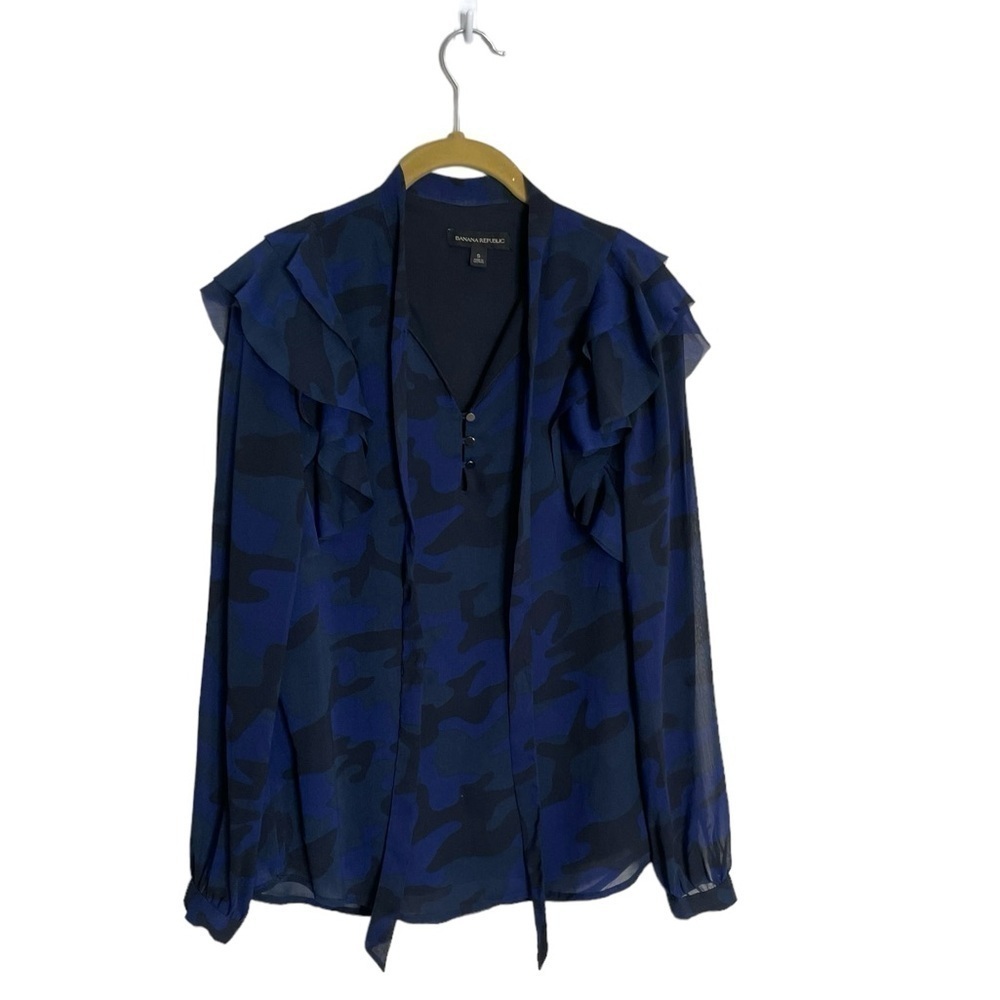 Banana Republic Navy Blue Black Camo Printed Tie Collar Blouse Small